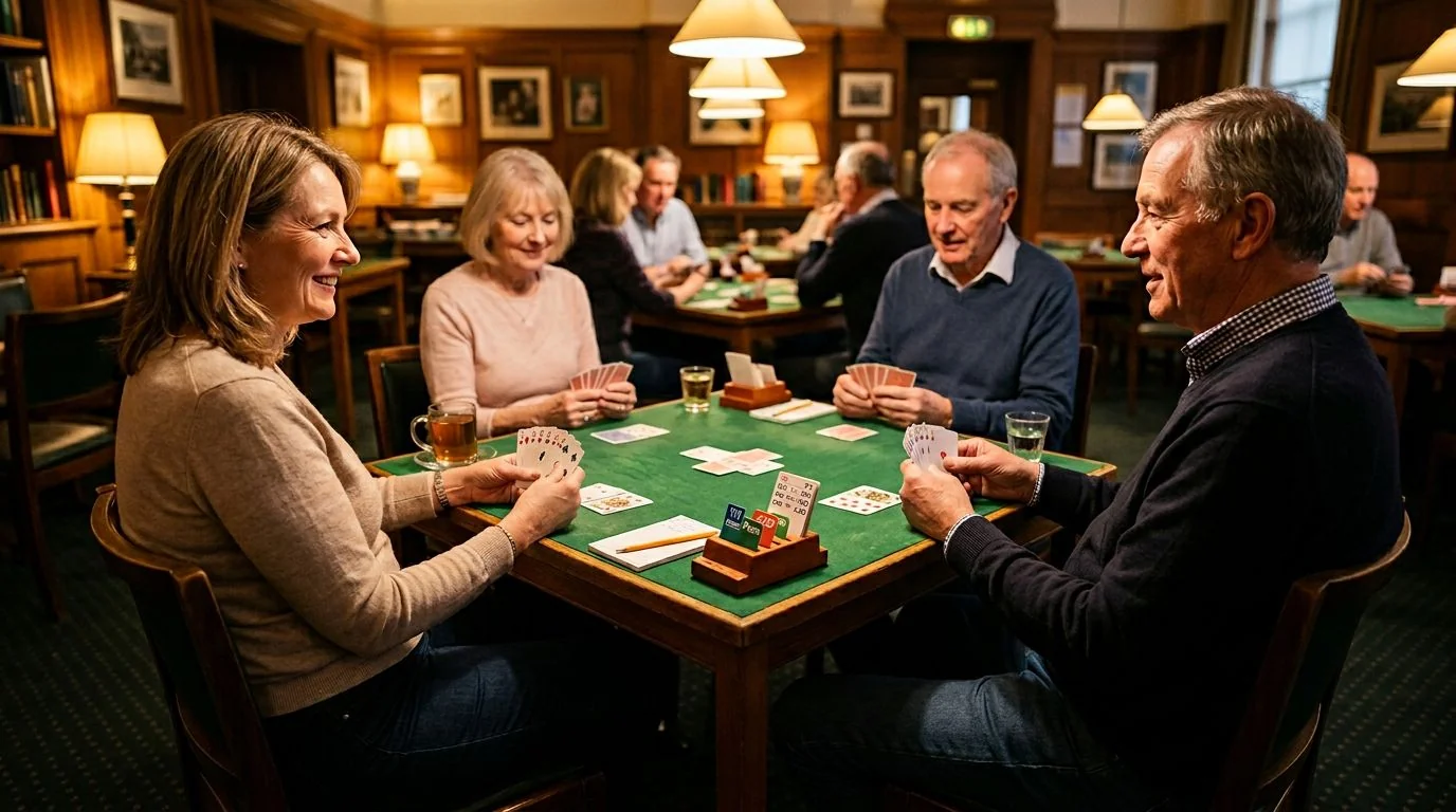 Four adults talking and playing cards together in a living room