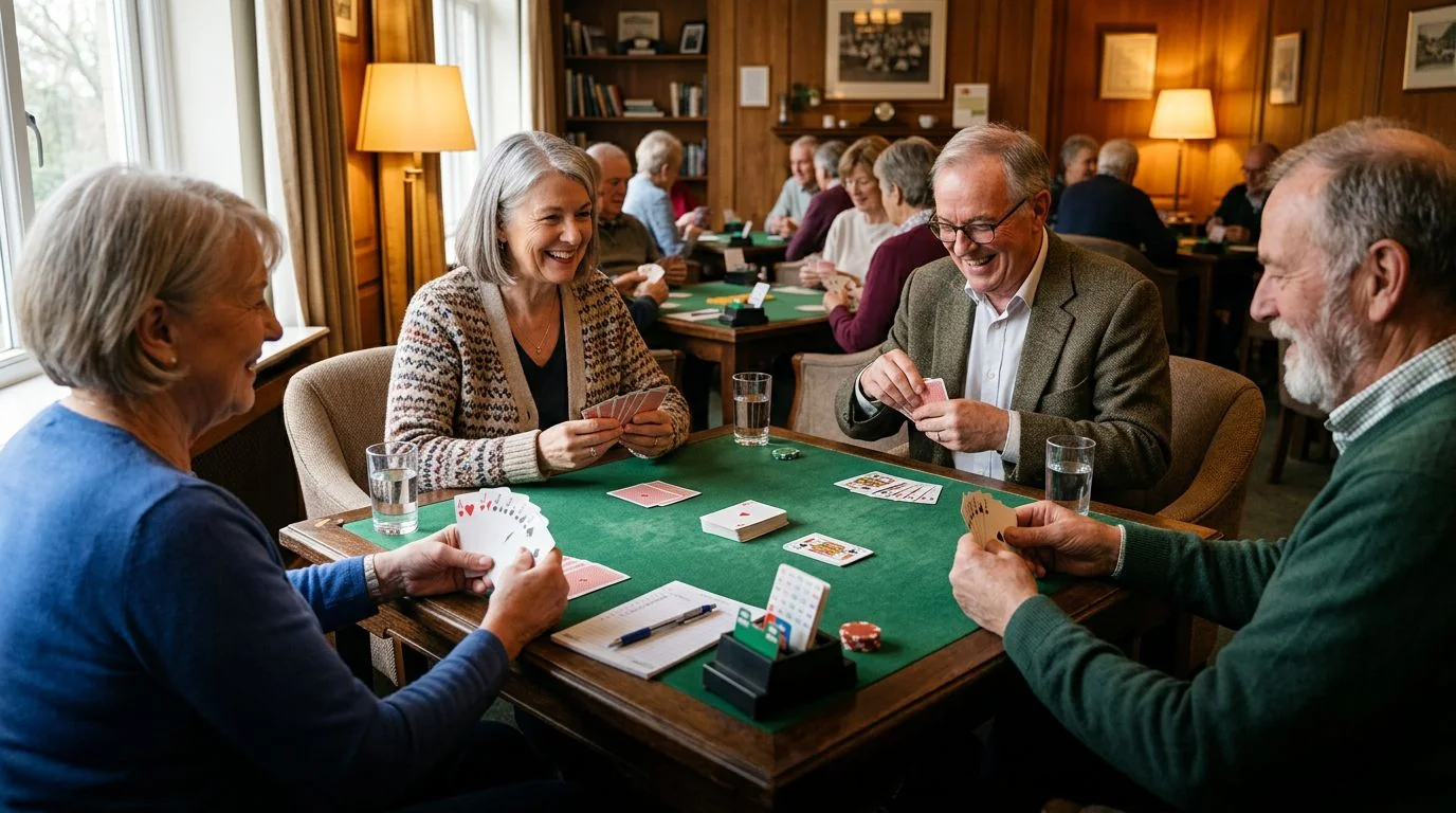 A group of older adults enjoying a card game together at home